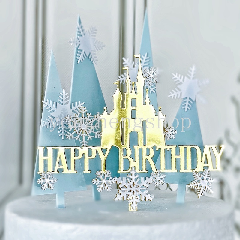 Topper Kue Desain Snowflake Castle Happy Birthday Bahan Akrilik Untuk Dekorasi Pesta Baby Shower