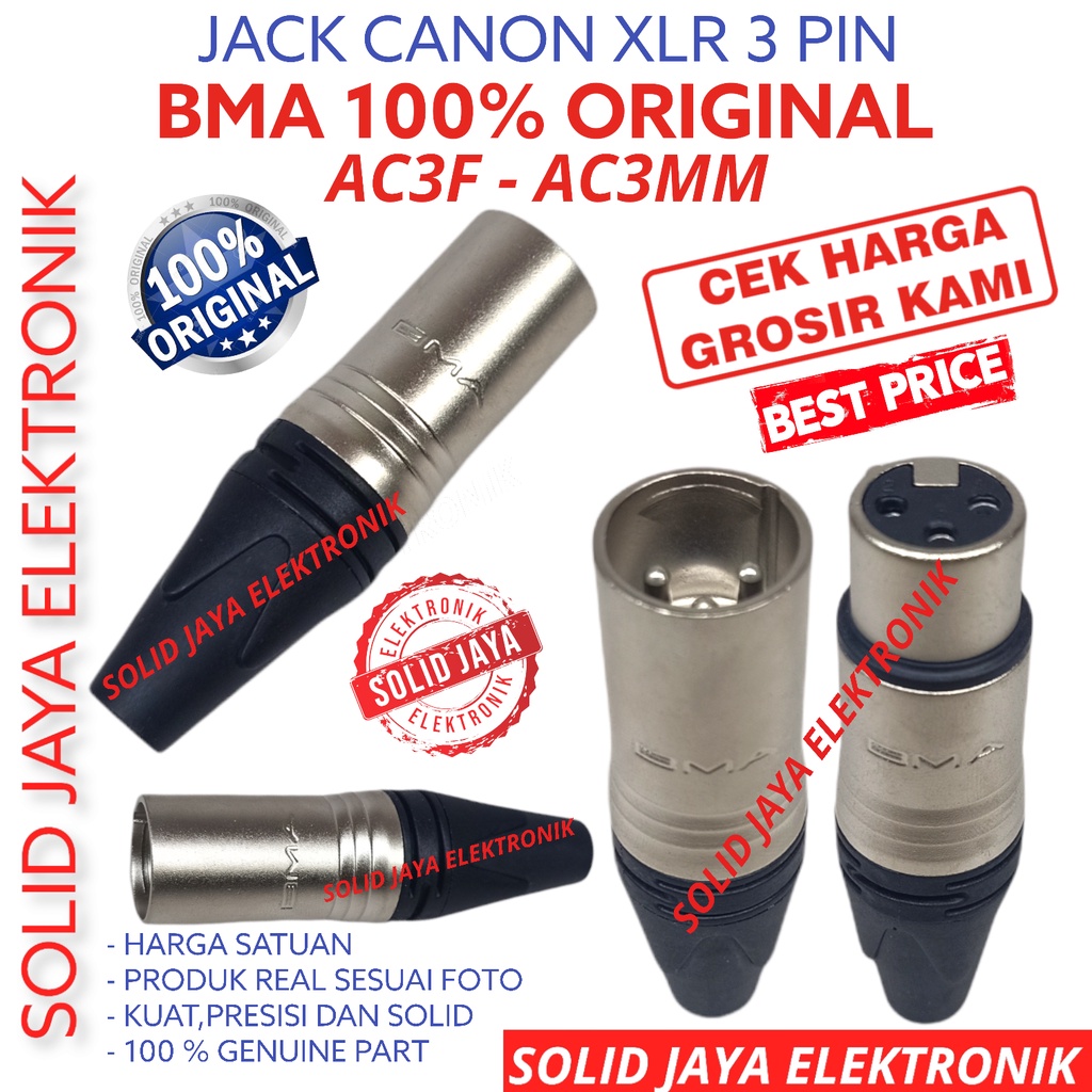 JACK BMA JACK CANON FEMALE BMA AC3F ASLI KONEKTOR CONNECTOR XLR 3P 3 PIN JAK JEK JAK JECK JEC JAC JACK METAL BESI MALE PLUG CANON CEWE PEREMPUAN BMA ORIGINAL ASLI