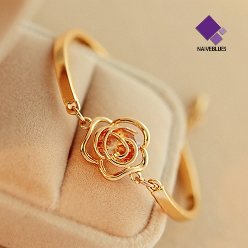 Naiveblue &gt; Gelang Tangan Rantai Cuff Motif Bunga Mawar Aksen Kristal Warna Gold Untuk Perhiasan Wanita