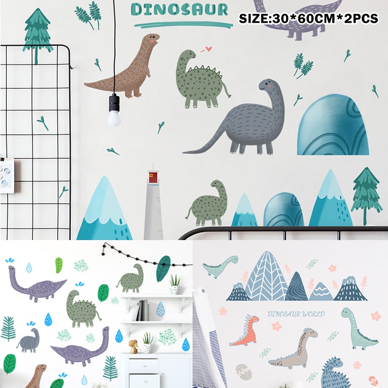 2pcs / set Stiker Dinding Motif Kartun Dinosaurus Dapat Dilepas Untuk Dekorasi Kamar Tidur Anak