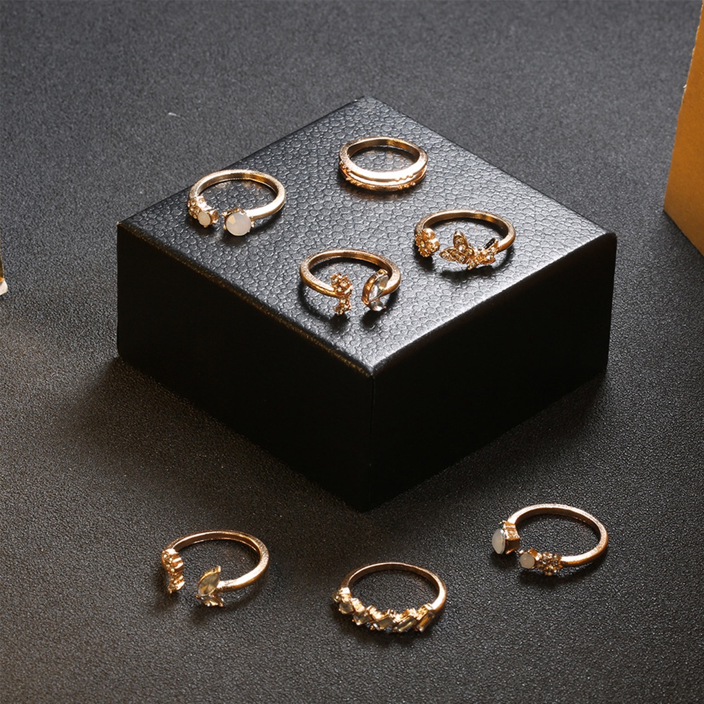 Hu Hu Hu Hu Hu Alat Bantu Pasang Kacamata♡ 7pcs Cincin Jari Model Terbuka Aksen Berlian Imitasi Untuk Wanita