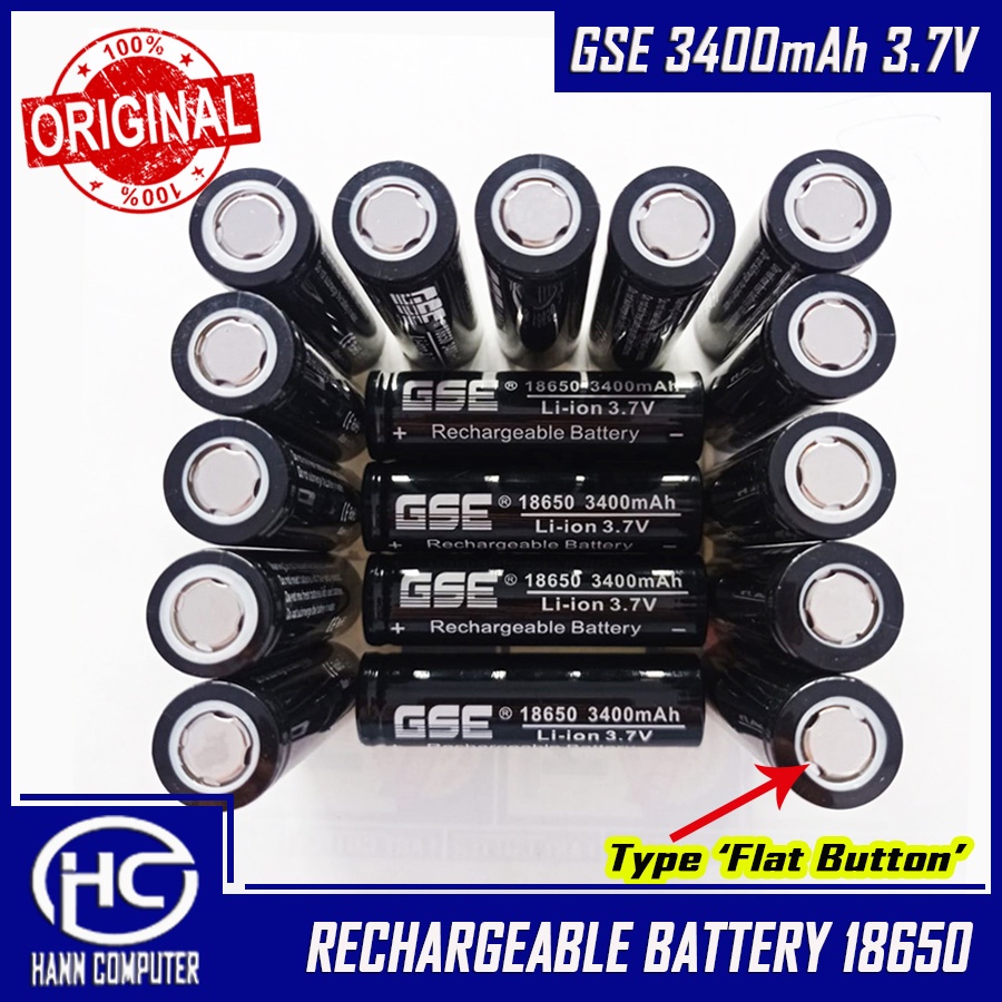 BATERAI GSE 3400mAh 3.7V Rechargeable Battery 18650 Flat Button