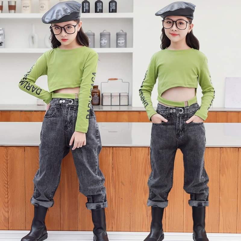 Setelan Crop Top Anak Remaja Perempuan Super Model GREEN