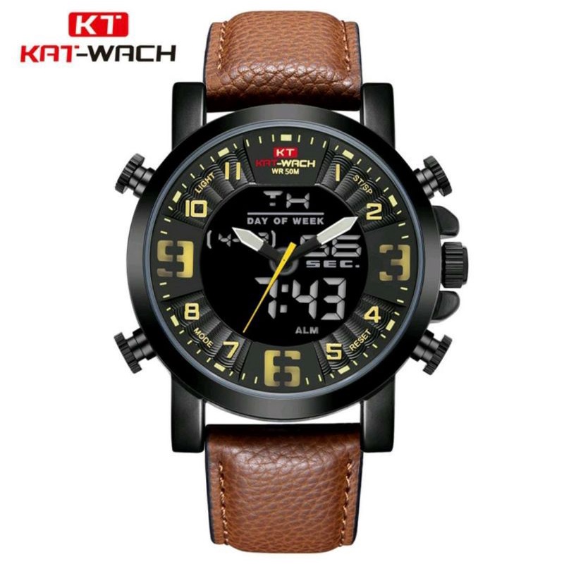 0KAT-WACH KT1845 Jam Tangan Pria Digital Analog Tali Kulit Luminous CURRENOS