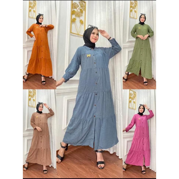 Longdress Gamis Polos Dress Modern Kekinian Busui Kancing Depan LD 120c PB 135cm  Jumbo