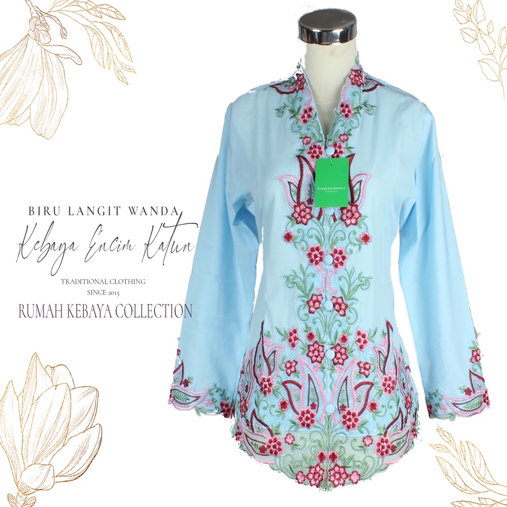 Kebaya Encim Kartini Katun Bordir Modern Biru Langit Wanda Lengan Panjang