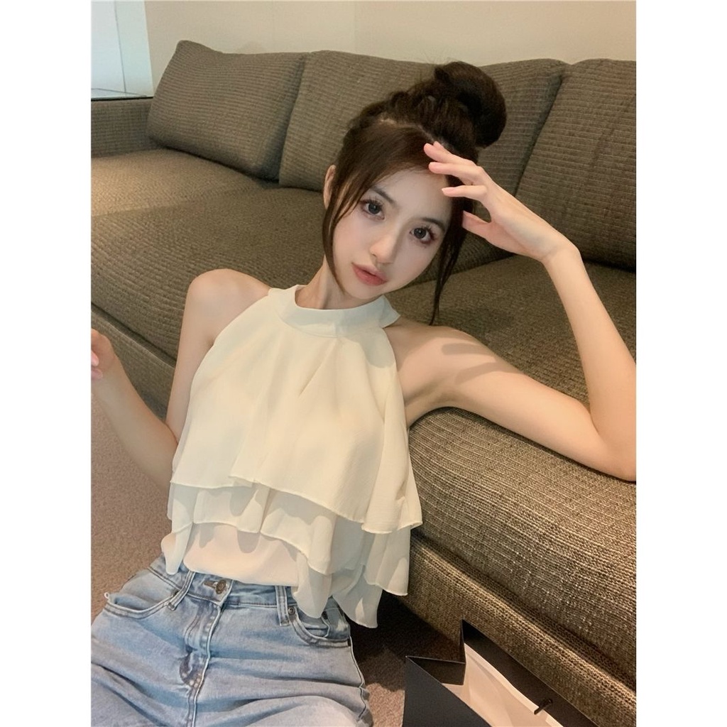 Red wanita halter neck off-shoulder tanpa lengan kamisol wanita musim panas 2022 new western style high fashion slim chic top