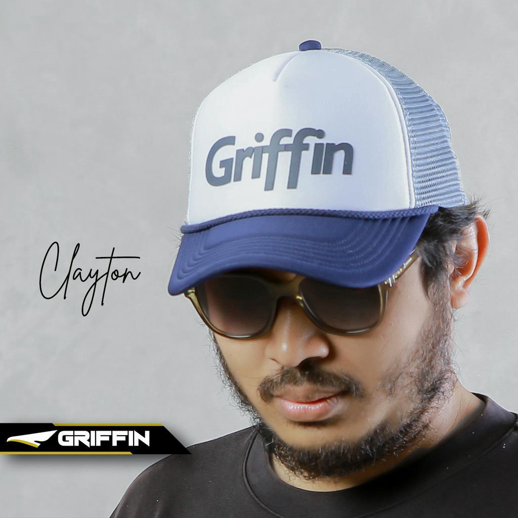 Topi Trucker Pria Wanita Unisex Putih Biru Keren Sablon Hi Density Timbul Clayton by Griffin Apparel