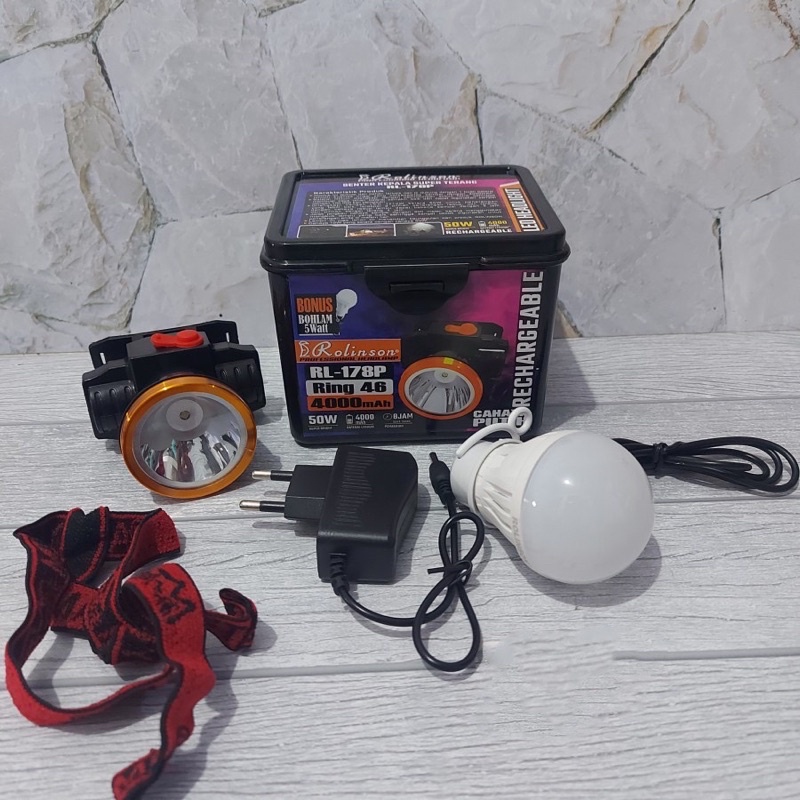 Senter Kepala Berkemah LED Super Terang 50 Watt - Head Lamp Free Bohlam LED - Cahaya Putih - Kuning