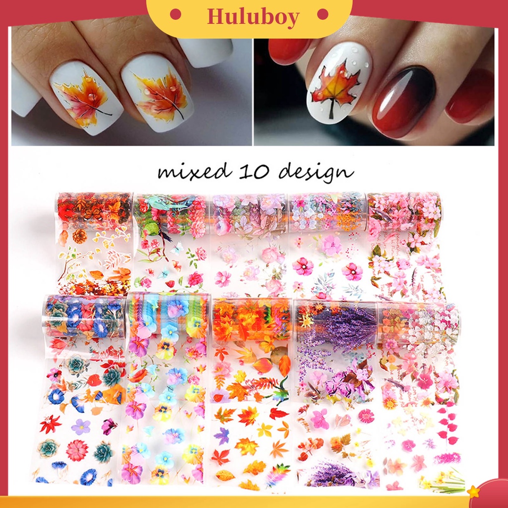 Huluboy Huluboy♡ 10 Pcs / Set Stiker Kuku Foils 3D Efek Daun Maple Warna-Warni Untuk Manicure