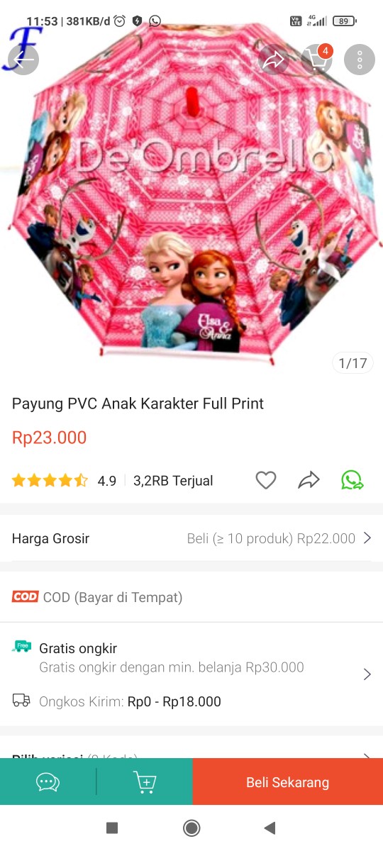 Payung Pvc Anak Karakter Full Print