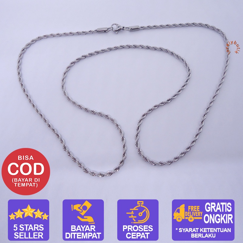 Lovelybutik  Kalung Rantai Titanium Anti Karat Anti Hitam Pria Wanita Rantai Kalung Model Tambang Ukuran 60 cm