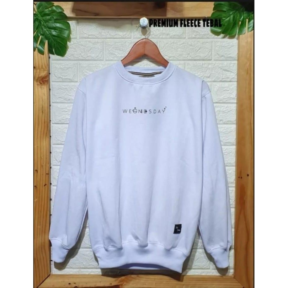 Sweater Crewneck Pria Distro Putih Sablon WENESDAY Original  Brand Lokal Bandung Cotton Flece Tebal