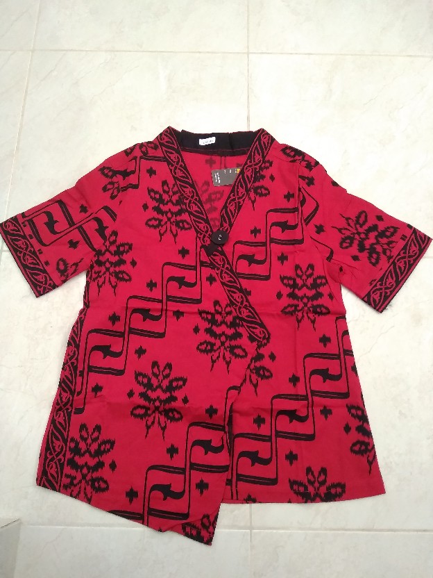 Atasan Blouse Batik Wanita Lengan Pendek Model Kimono Warna Merah Edisi Imlek, 267 Ado#katun Stretch