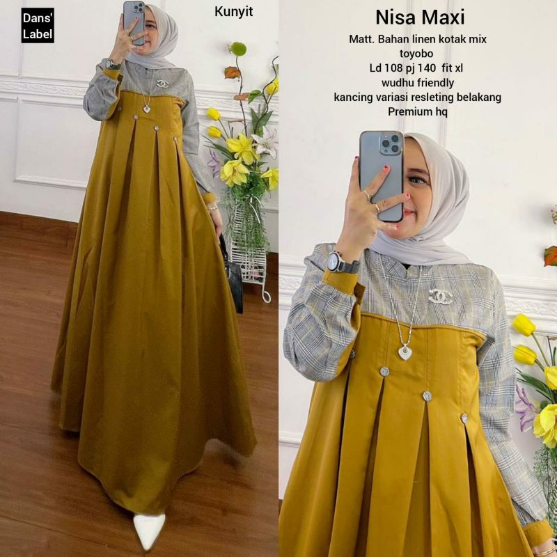 gamis nisa maxi bahan linen kotak mix