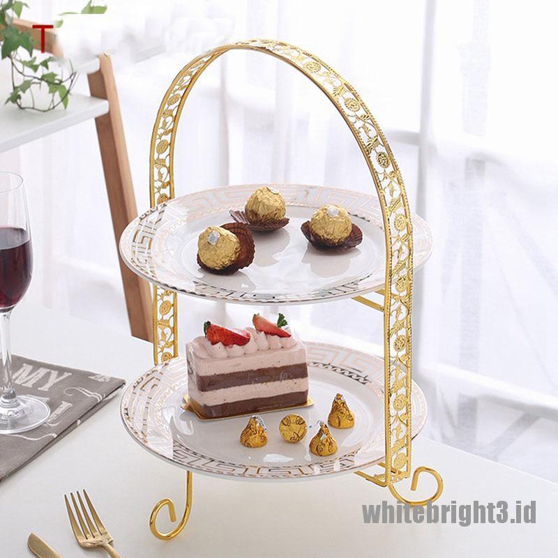 ❤White3 Warna Putih❤ Rak Stand Kue / Buah / Dessert Bentuk Lengkung Bahan Metal Lapis Ganda Warna Emas Untuk Pesta