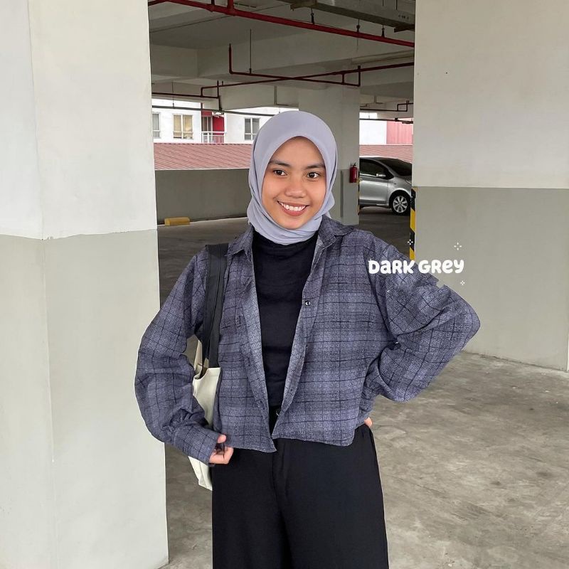 Kemeja wanita casual lengan balon /oversize shirt Tartan crop/kemeja crop kotak oversize-Grey