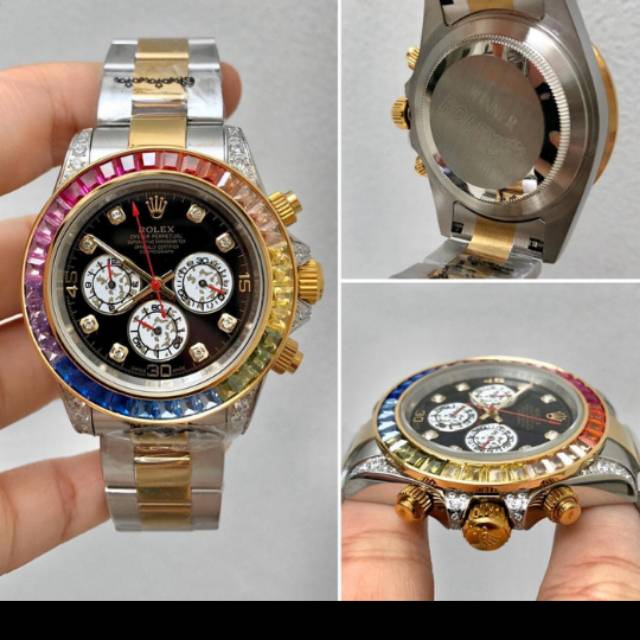 JAM TANGAN PRIA RLX_DAYTONA RAINBOW  CHAIN COMBI GOLD PREMIUM AAA
