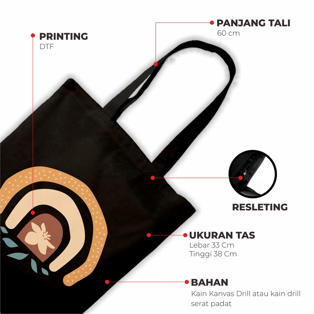 Sevine Totebag Wanita Fashion Tas Tote Bag Resleting Laptop Motif Flower Plant Nordic Art Black Series - MAA10