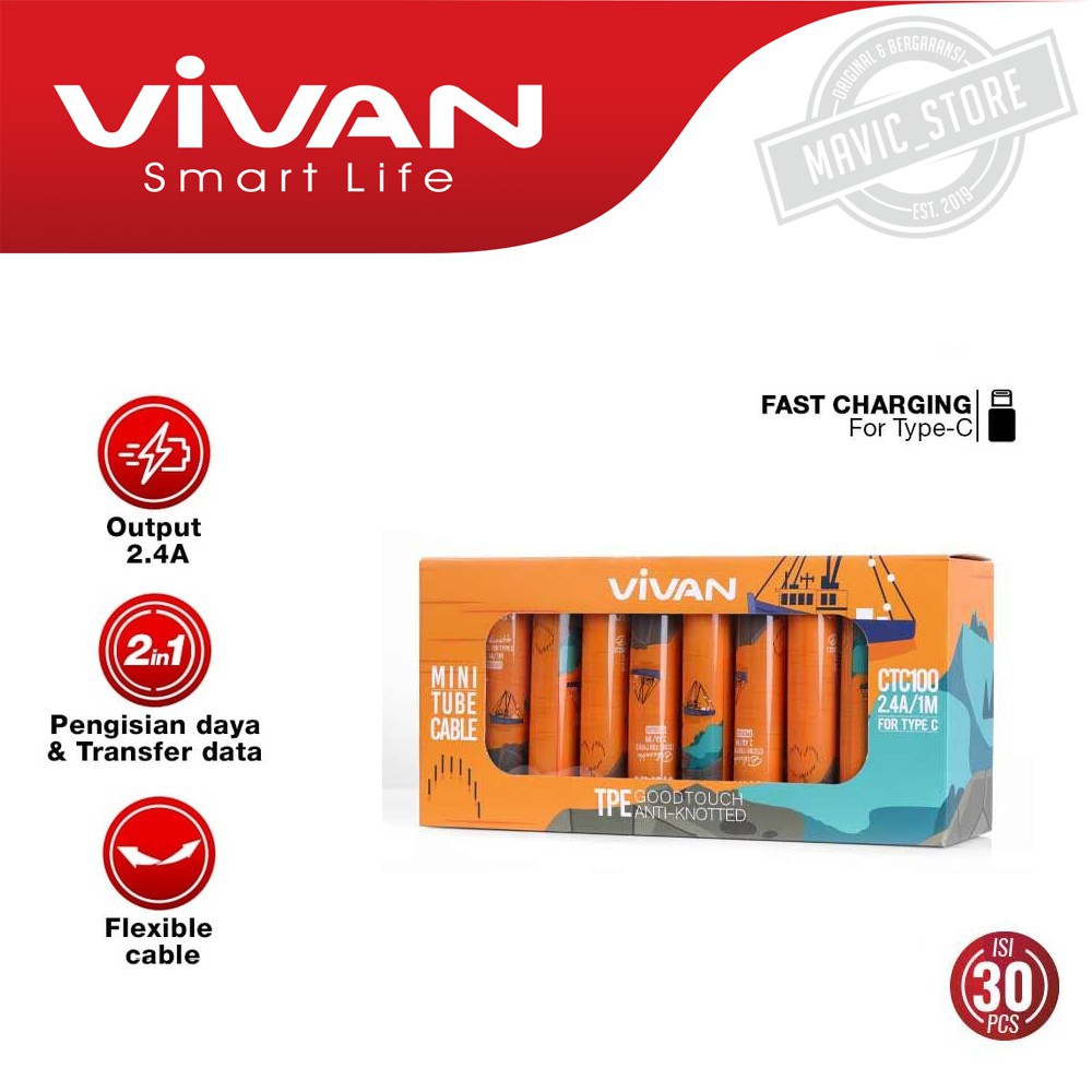 Kabel Data Fast Charging Vivan CTC100 TYPE-C 2.4A (1 Box isi 30 Pcs) - Garanso Resmi 1 Tahun