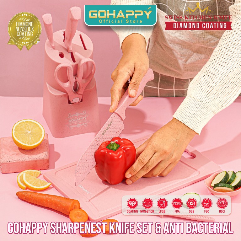 Pisau Set GOhappy Diamond Knife Telenan Gunting Set Pink Free Holder Pisau Cantik