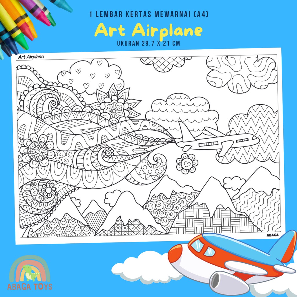 (Min Order 10Pcs) Kertas Gambar Mewarnai A4 - Latih Imajinasi, Kreativitas, Eksplorasi Warna (Coloring Page)-Art Airplane