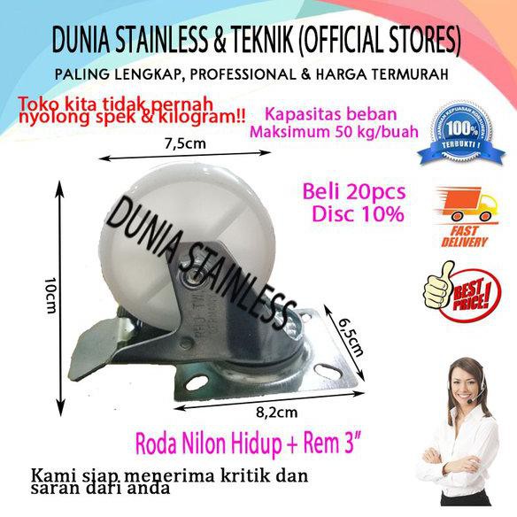 Roda Nilon hidup plus rem 3in pintu pagar tangga stainless steel besi aksesories alat alat teknik