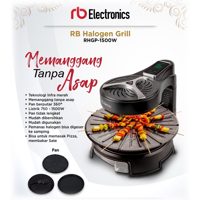 RB RHGP-1500W Halogen Grill Pan Digital Memanggang Tanpa Asap Dengan Sinar Infrared