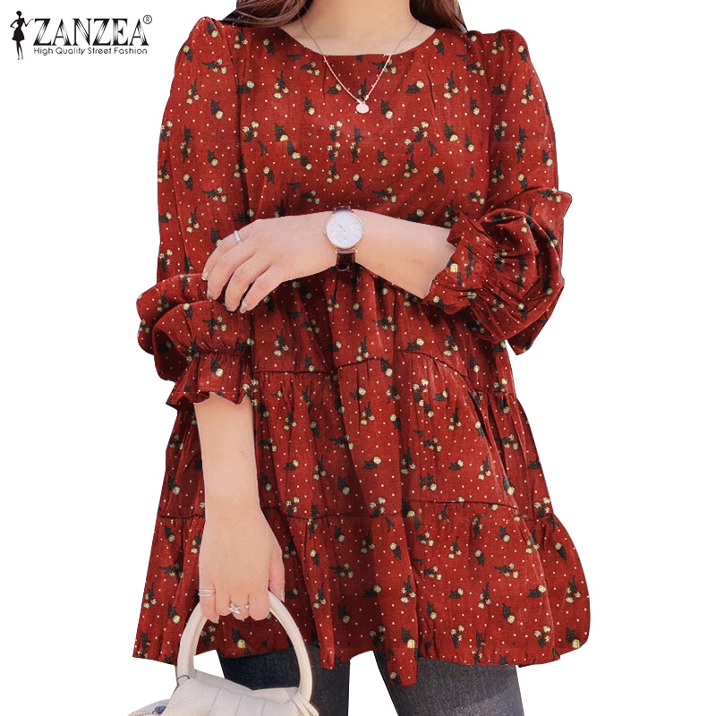 ZANZEA Womens Long Sleeved Cotton O Neck Floral Printed Patchwork Vintage Ruffle Hem Blouse