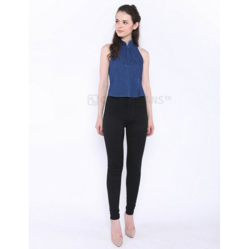 CKEY Jeans / Celana Jeans High Waist Skinny Warna Hitam