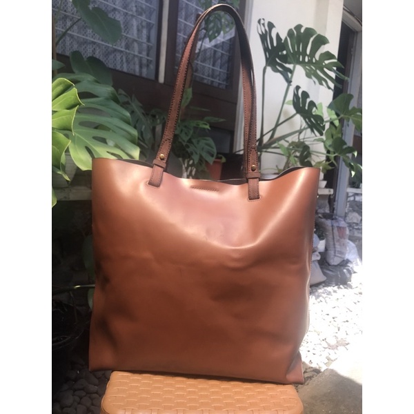 preloved fossil rachel tote brown rubber leather tas ori branded bag coklat tas laptop second bag me