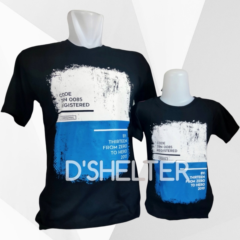 Baju Kaos distro Couple (ANAK &amp; DEWASA) Hitam Blok Putih Biru/ D.SHELTER/KAOS MURAH