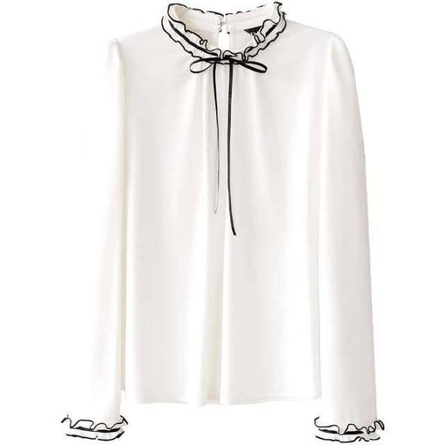 Blouse Putih lengan Panjang Gaya Korea Variasi pita Leher Josephine Blus Muslimah Putih Polos -Jf