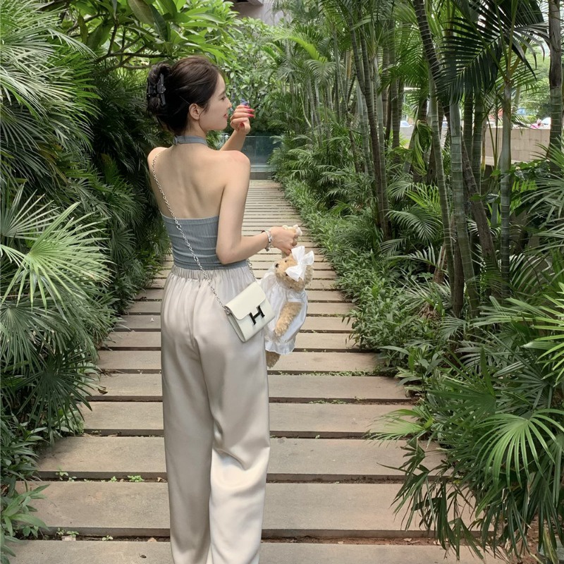 Suhao Baru Pinggang Tinggi Celana Lebar Kaki Celana Kasual Mahasiswa Musim Panas Satin Slim Lurus Celana Panjang Kecil Wanita Menggantungkan Retro