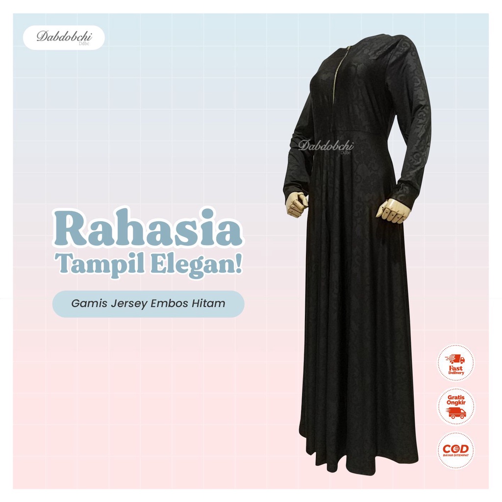 Gamis Jersey Embos hitam Baju Wanita Dewasa Long Dress Muslim Motif Polos Busui Resleting