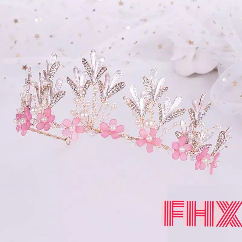 FerenHongXia mahkota tiara bunga warna pink bridal untuk wanita