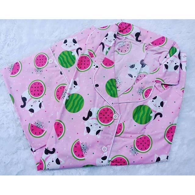 Daster piyama semangka kucing pink pajamas karakter kartun motif wanita katun jepang dewasa