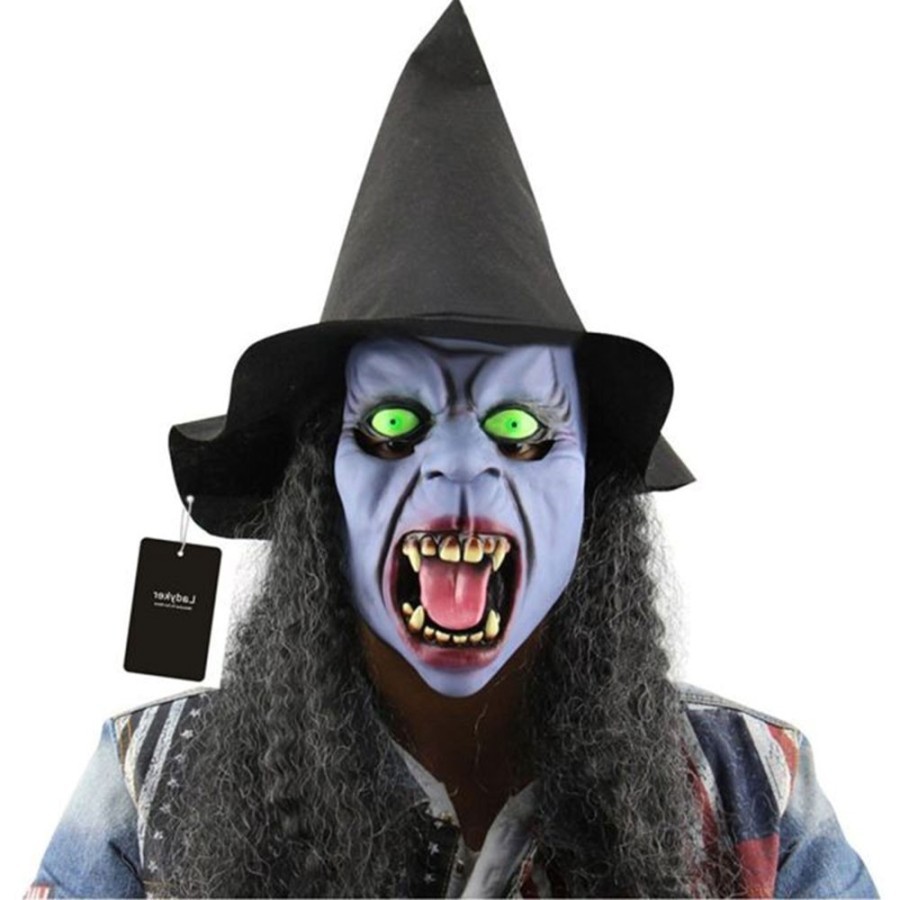 Topeng nenek sihir witch hantu dengan topi dan wig