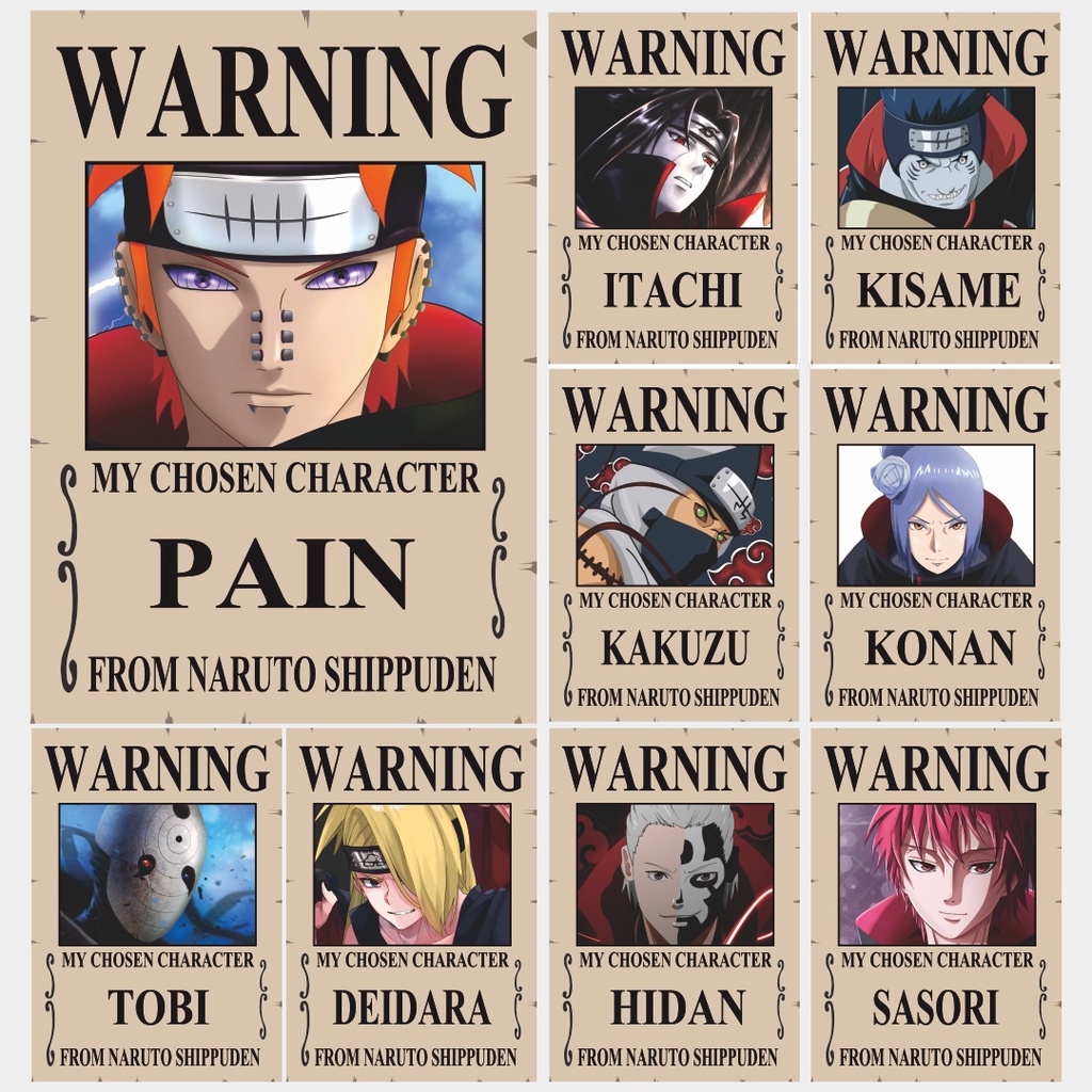 Poster Warning Anime Naruto Poster Akatsuki ISI 10 Poster A3+/A4 Termurah