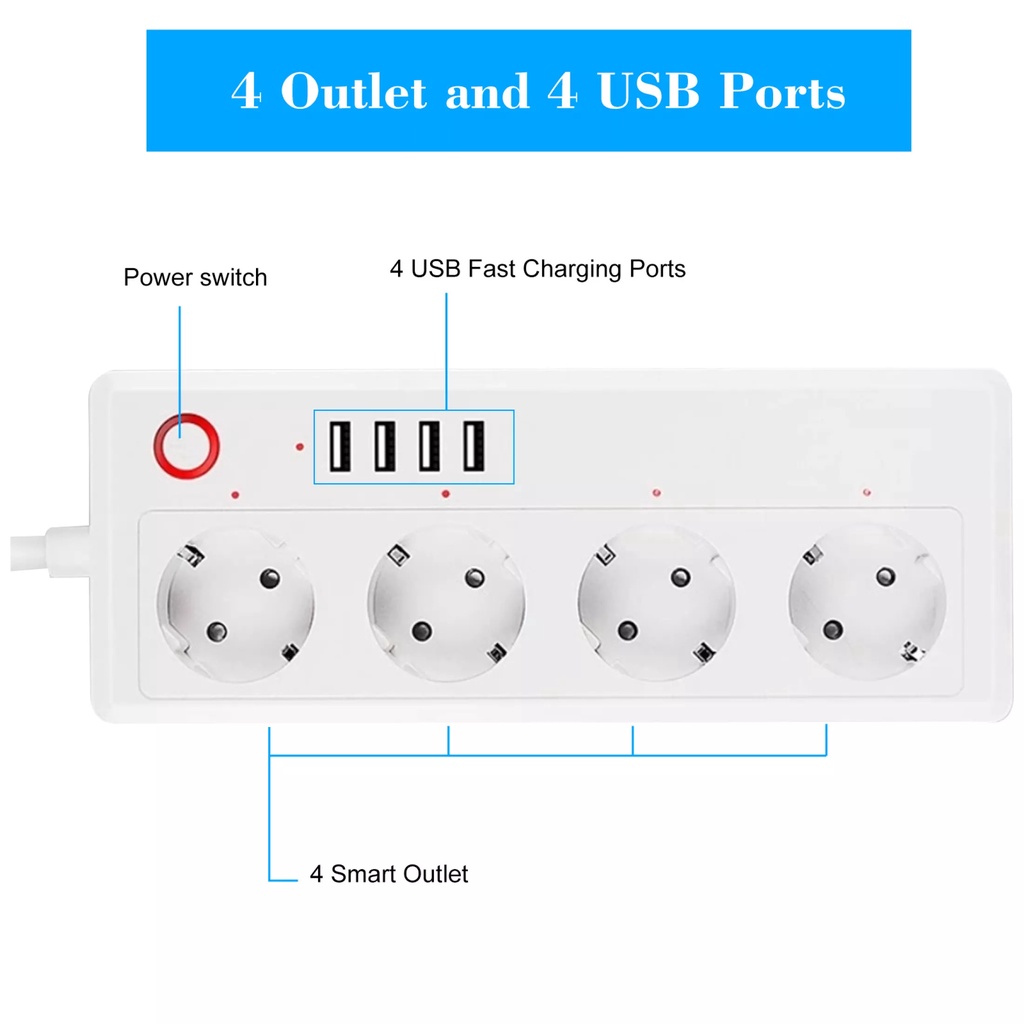 Tuya Smart Power Strip Plug 4 Socket Plug 4 USB Ports Stop kontak
