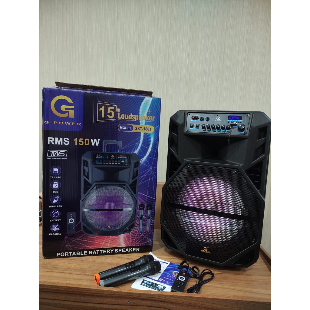 G-POWER PROFESIONAL PORTABLE BATTERY SPEAKER GST 1801 7KENOP/6 KENOP FREE 2 MICROPHONE WIRELESS