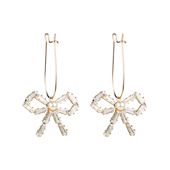 LRC Anting Tusuk Fashion Golden Crystal Pearl Bow Earrings D63850