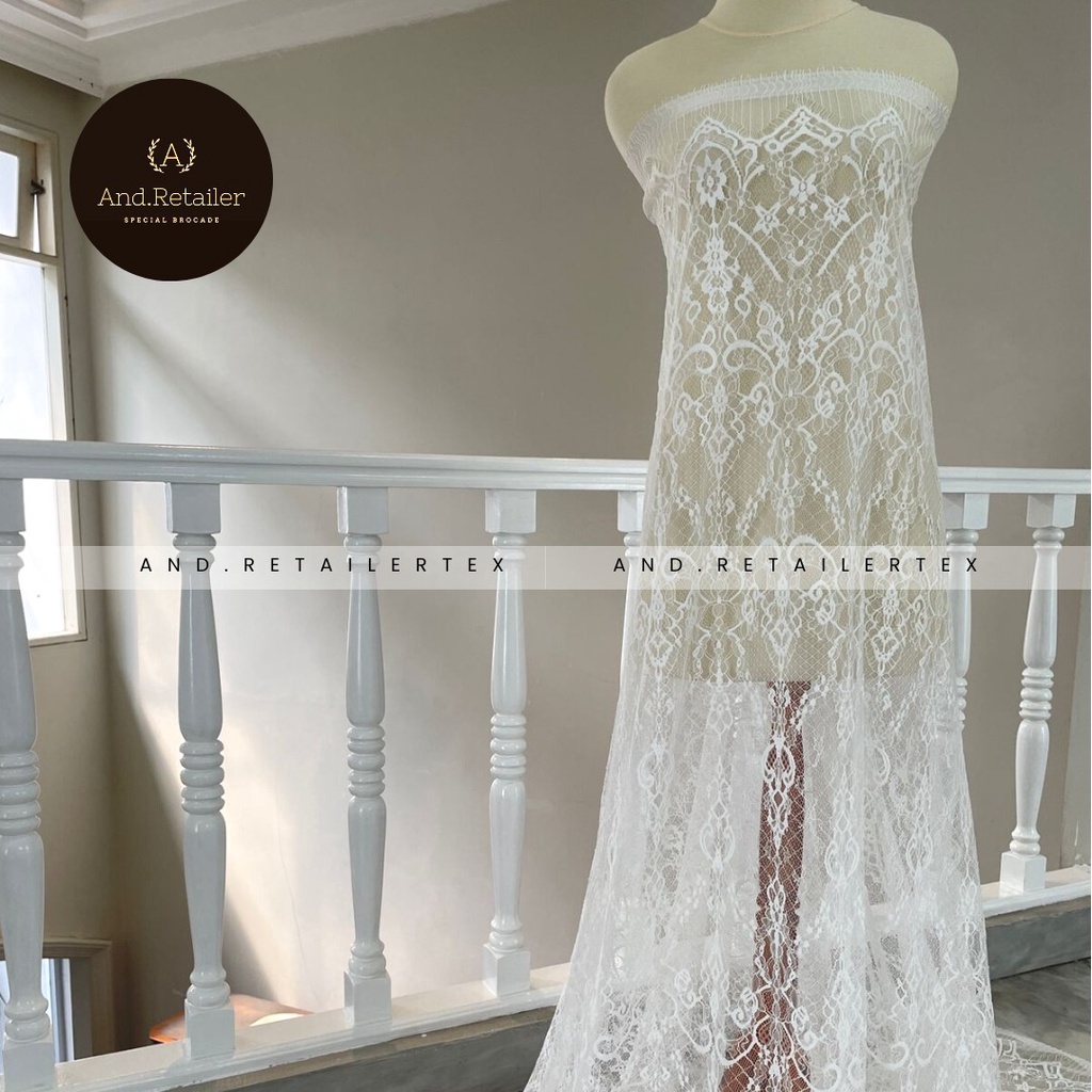 Bahan Kebaya Brokat Semi France Lace Chantily Shantily Katun Per panel 2,5m Warna White Putih