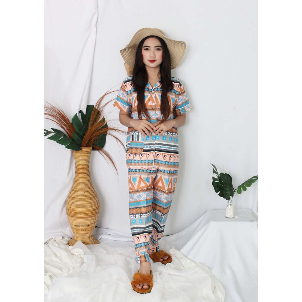 OKHISHOP - CP1 Piyama Pajamas CP Baju Tidur Piyama Wanita Dewasa Setelan CP Motif Trendy Karakter Kotak Guilen-CP Tribal Coklat