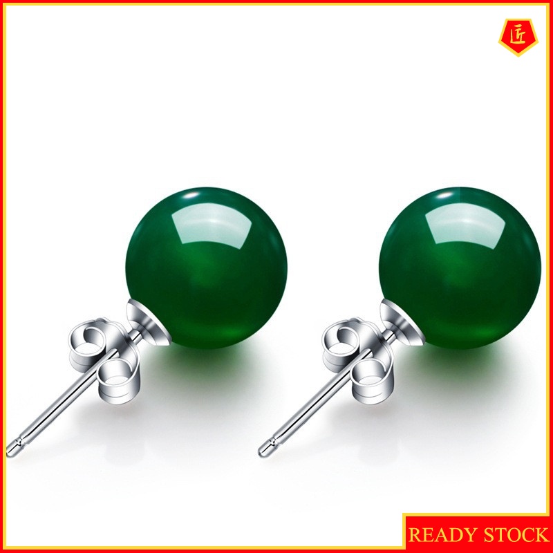 [Ready Stock]Fashion Green Chalcedony Red Agate Ear Studs Female Silver