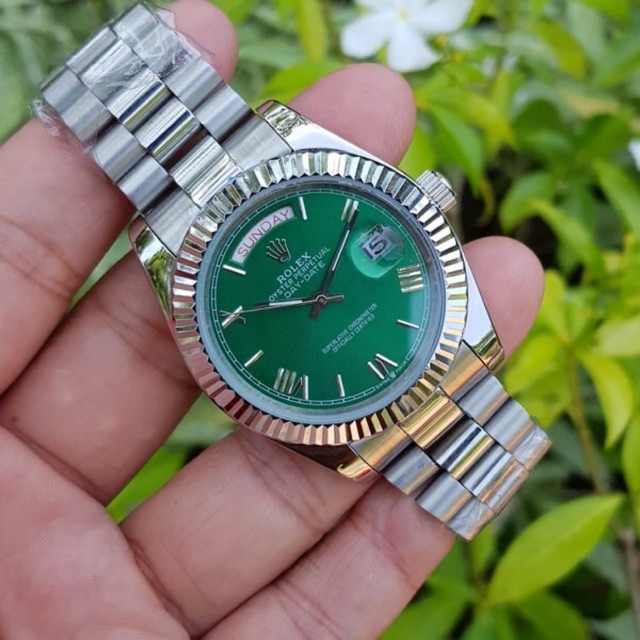 Jam Pria Rolex Day Date Green Blue Black Automatic Steel Silver