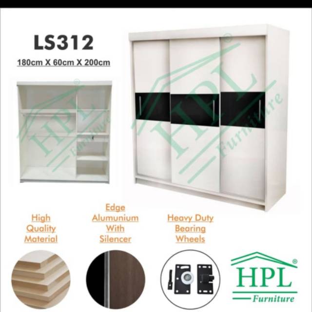 LEMARI PAKAIAN SLIDING DOOR 3 PINTU HPL  white glossy strip merah LPS 312