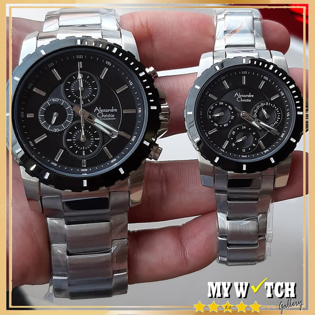 Alexandre Christie / Alexander Couple AC 6141 Silver Black Jam Tangan Original