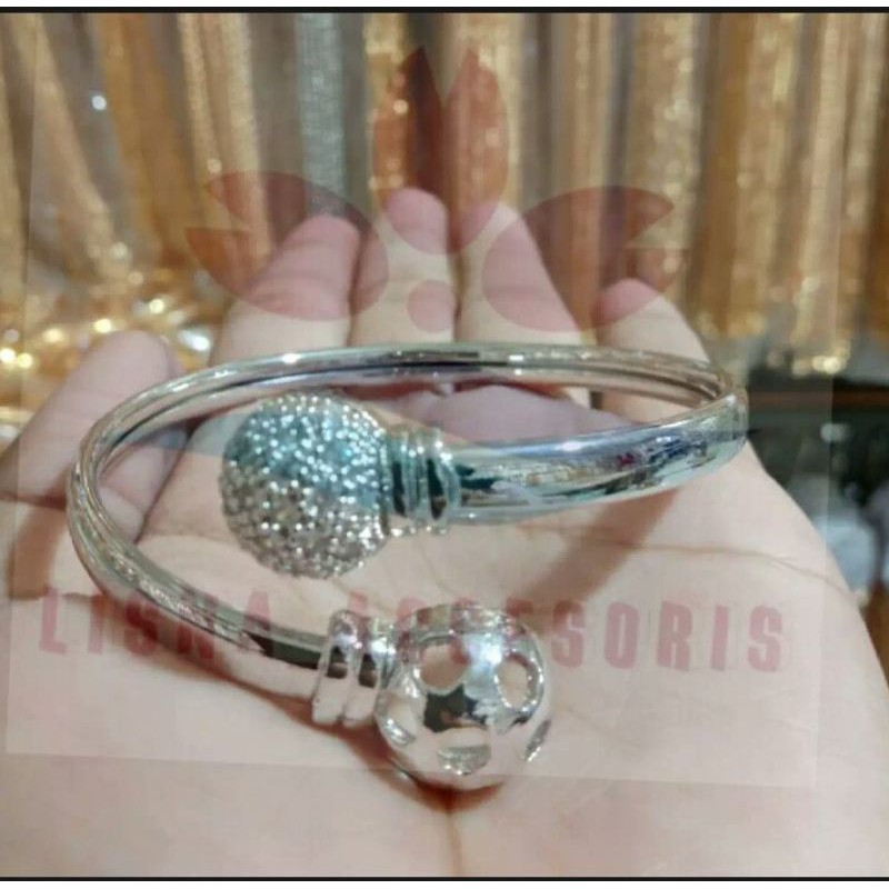 GELANG TANGAN WANITA TITANIUM MOTIF COBRA DAN BOLA SILVER LAPIS EMAS PUTIH ANTI LUNTUR