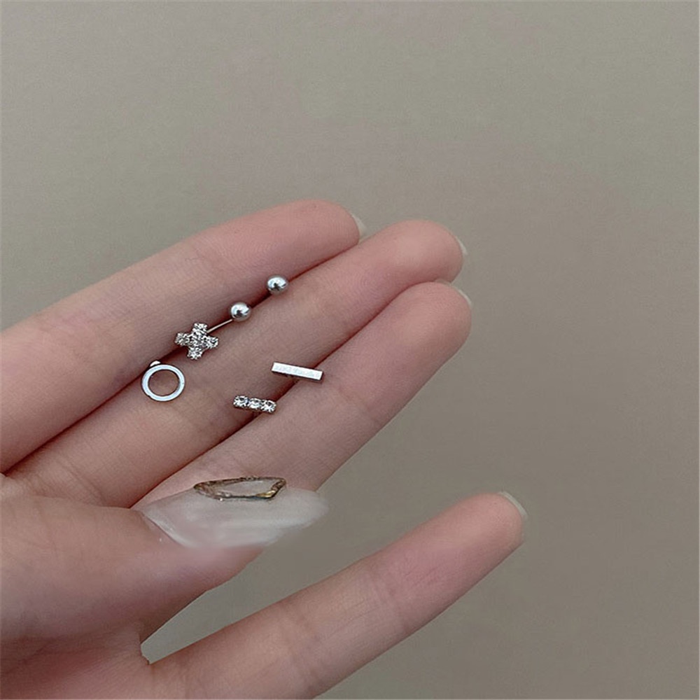 6 pcs Korea Cahaya Mewah Kompak Geometris Logam Zirkon Emas Perak Stud Earrings Set untuk Wanita